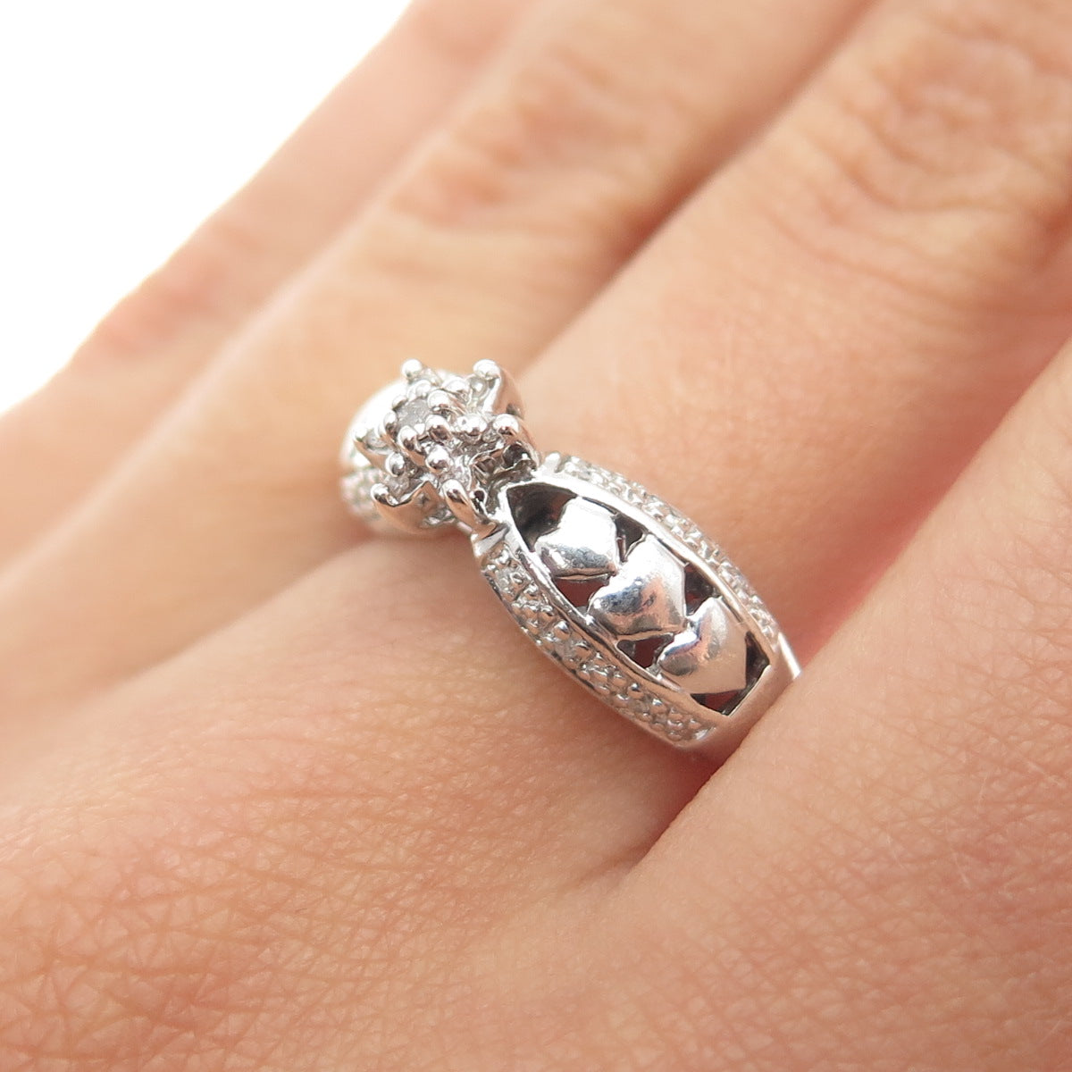 925 Sterling Silver Real Round-Cut Diamond Heart Promise Ring Size 7