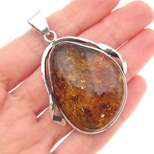 925 Sterling Silver Vintage Real Amber Modernist Oxidized Pendant
