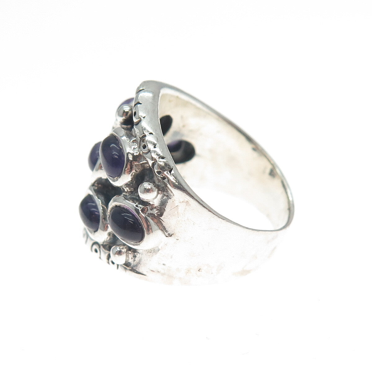 925 Sterling Silver Vintage Real Amethyst Modernist Oxidized Ring Size 5.5