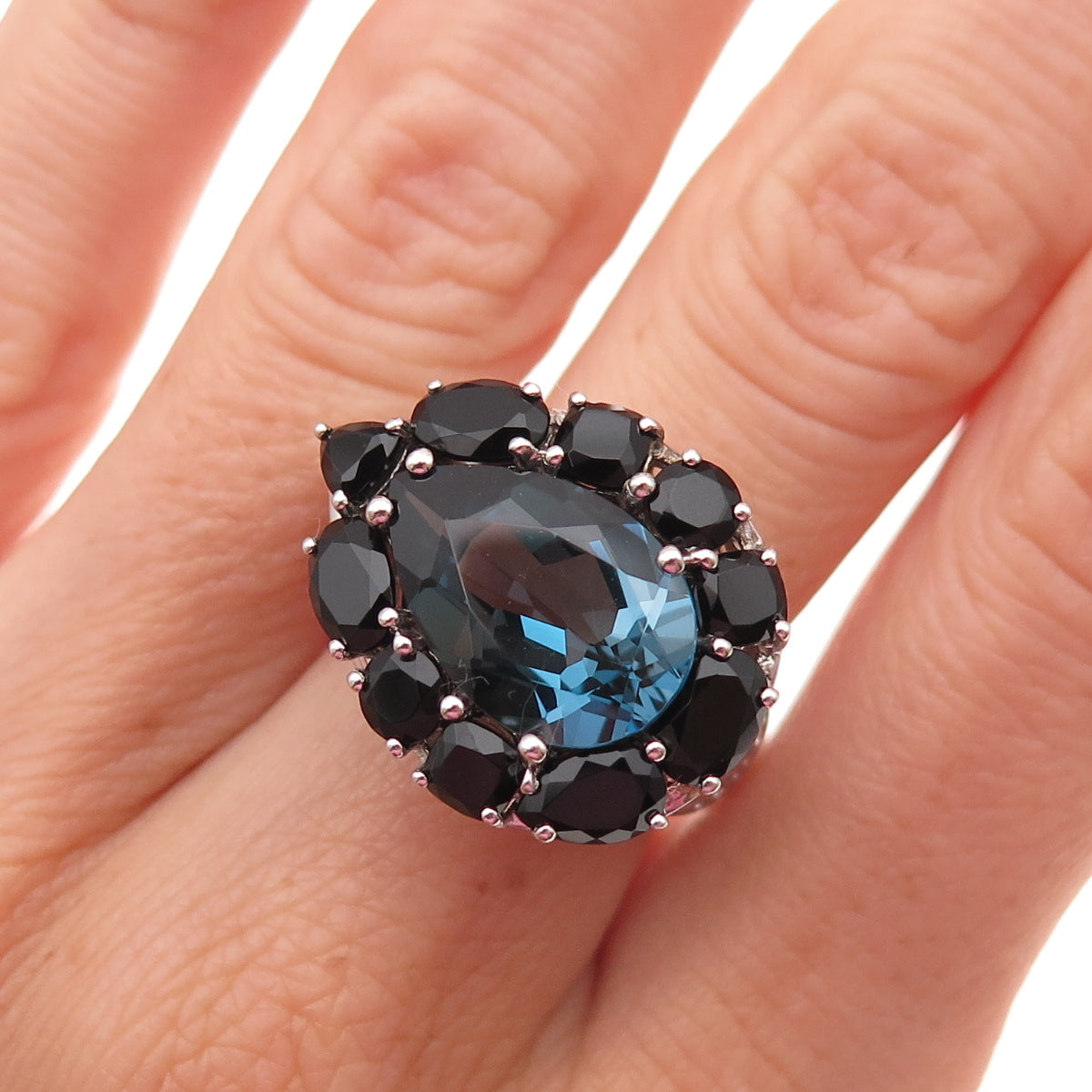 925 Sterling Silver Real London Blue Topaz & Black Spinel Ring Size 6