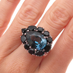 925 Sterling Silver Real London Blue Topaz & Black Spinel Ring Size 6