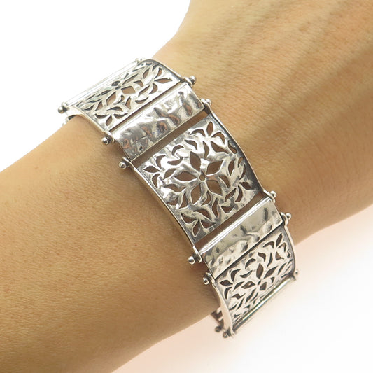 925 Sterling Silver Vintage Floral Panel Link Bracelet 6"