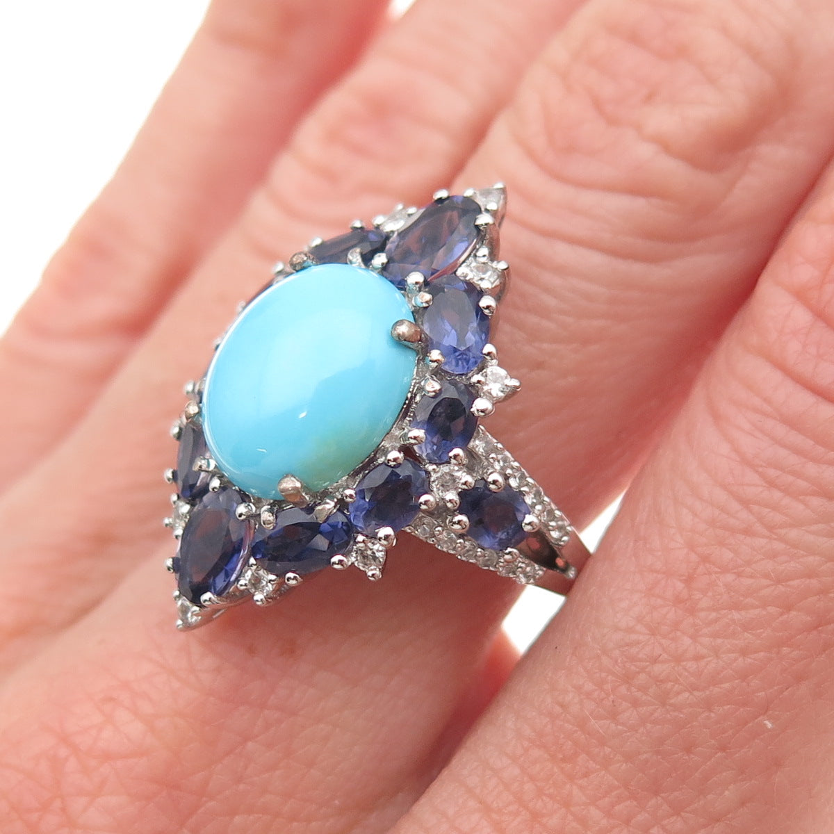Chuck Clemency Sterling Silver Real Turquoise Iolite White Topaz Ring Size 8.25