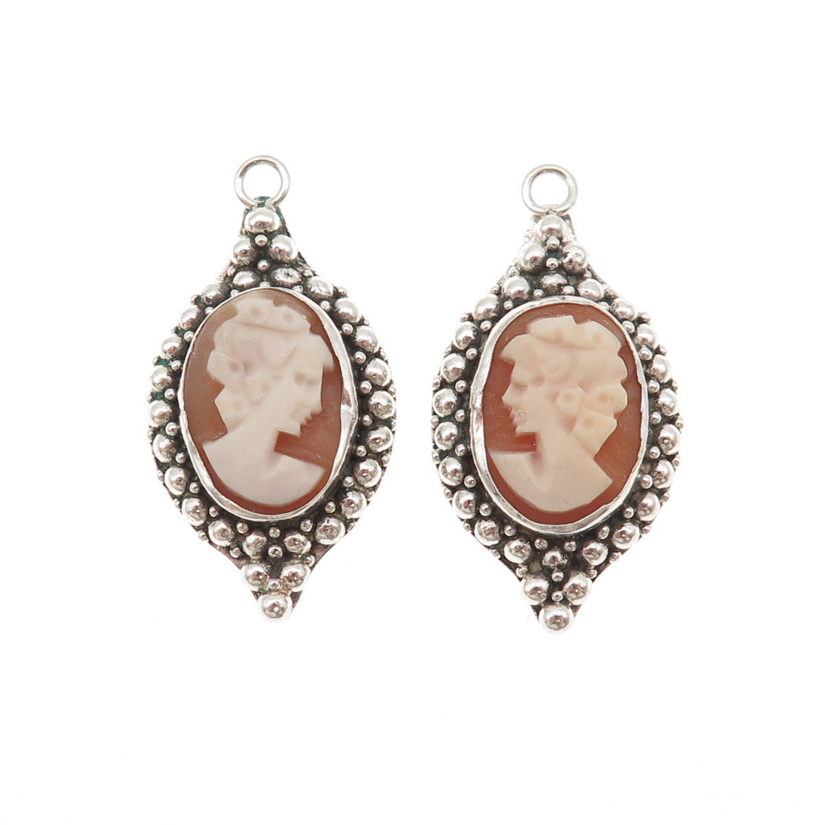 925 Sterling Silver Vintage Real MOP Carved Lady Cameo Beaded Jacket Earrings