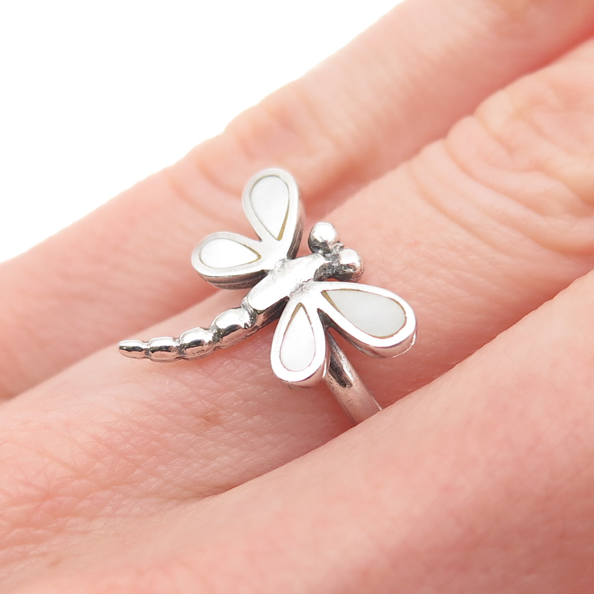 925 Sterling Silver Vintage Real MOP Dragonfly Ring Size 5.5
