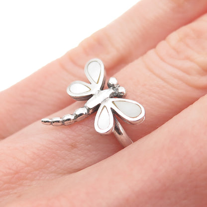 925 Sterling Silver Vintage Real MOP Dragonfly Ring Size 5.5