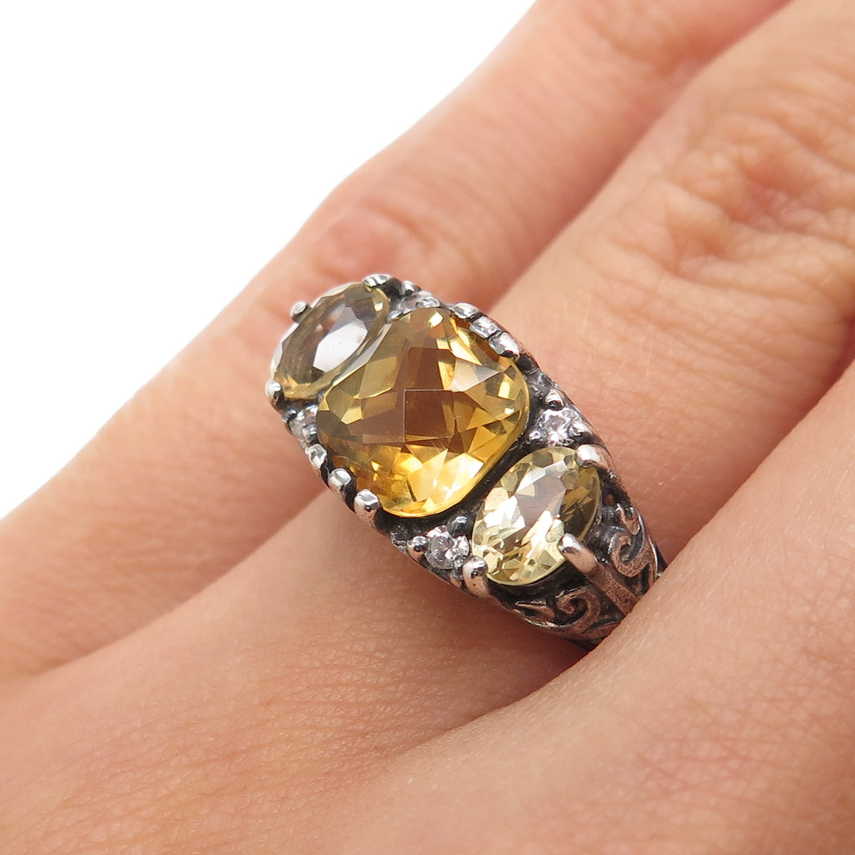 CLYDE DUNEIER CID 925 Sterling Vintage Real Citrine & C Z Oxidized Ring Size 6