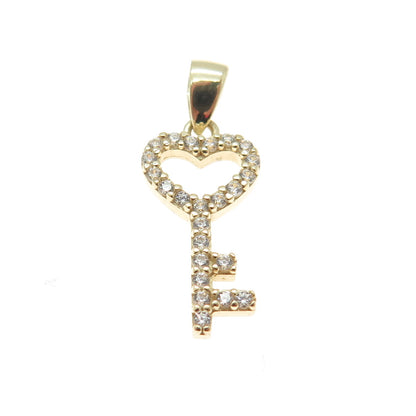 14K Yellow Gold Round-Cut C Z Heart Key Minimalist Charm Pendant