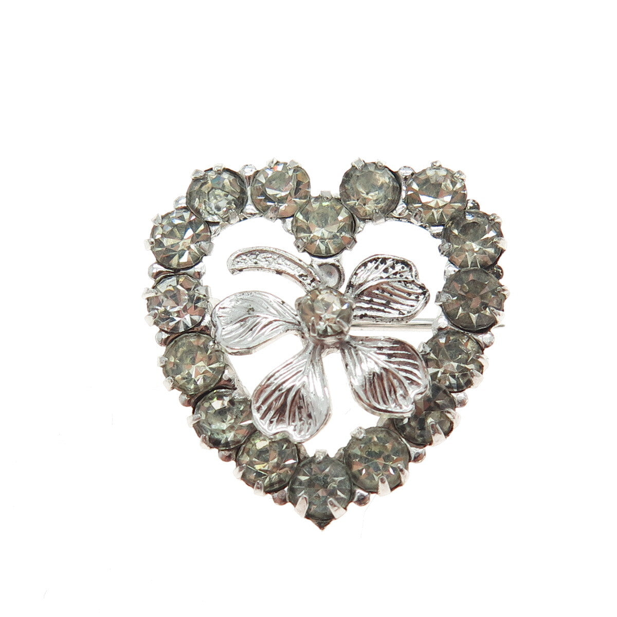 925 Sterling Silver Antique Art Deco Rhinestone Clover For Good Luck Brooch