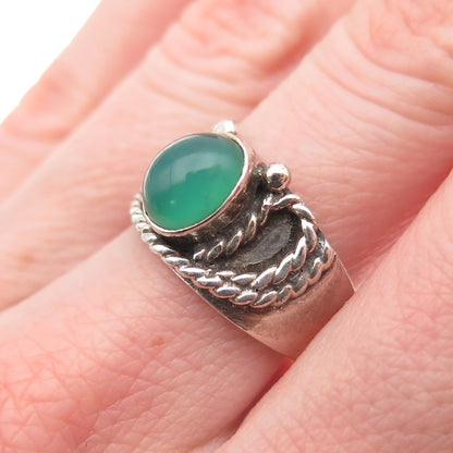 925 Sterling Silver Vintage Real Green Onyx Oxidized Adjustable Ring Size 7.75