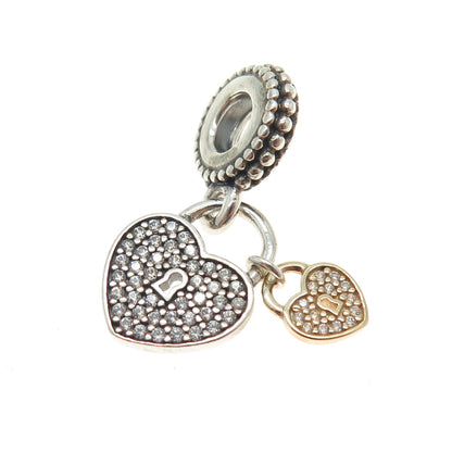 PANDORA 925 Sterling Silver & 14K Gold Round-Cut C Z Heart Lock Charm