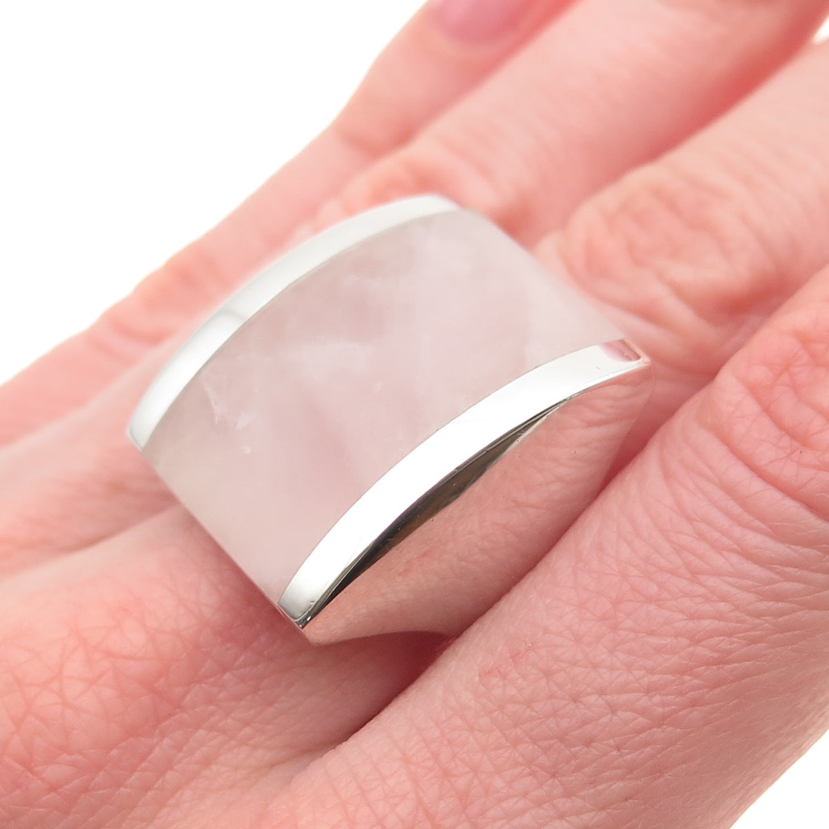 925 Sterling Silver Vintage Real Rose Quartz Modernist Statement Ring Size 7
