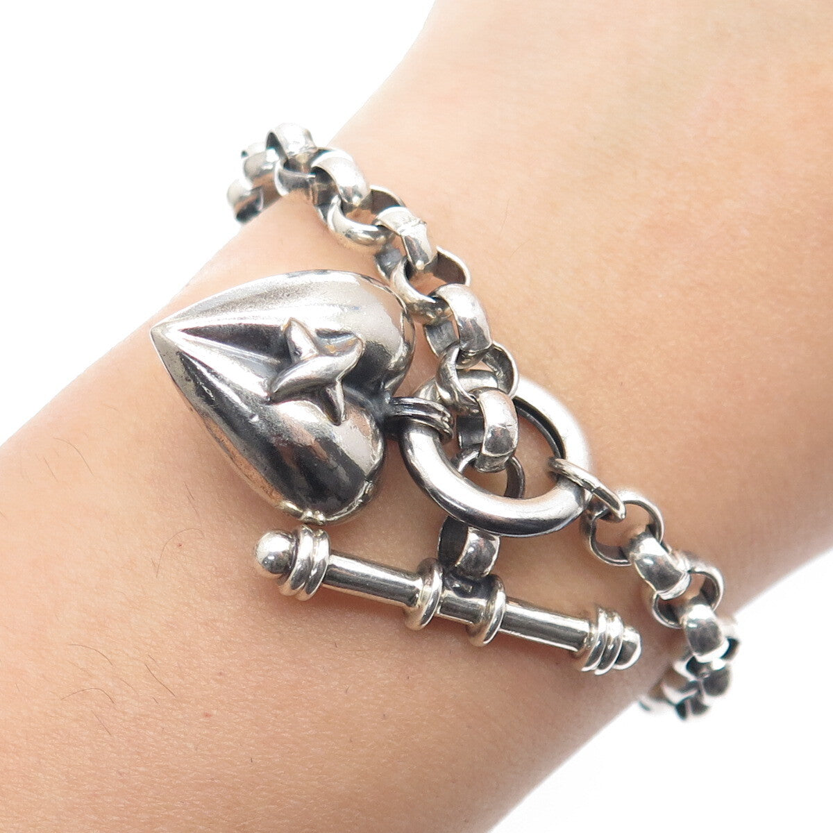 925 Sterling Silver Vintage "X" Heart Charm Oxidized Rolo Link Bracelet 6.75"