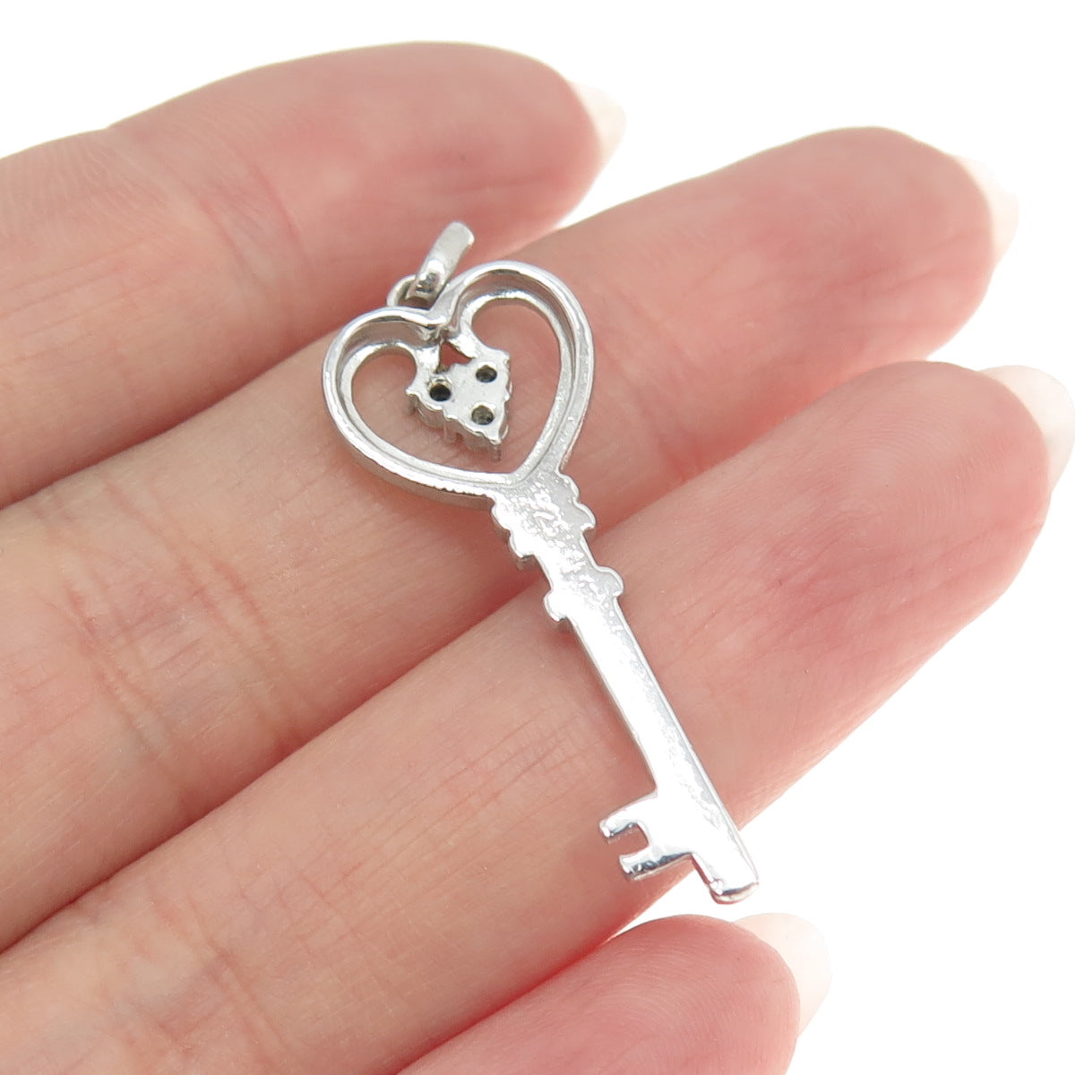 925 Sterling Silver Real Round-Cut Diamond Heart Key Charm Pendant