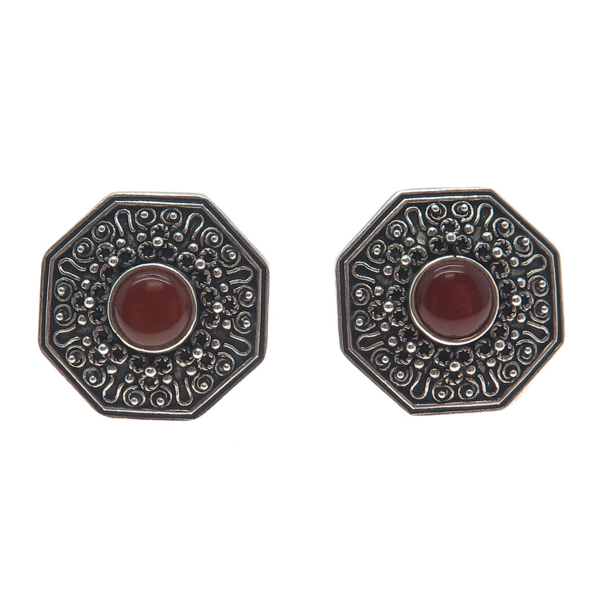 925 Sterling Silver Vintage Real Carnelian Granulated Oxidized Clip On Earrings