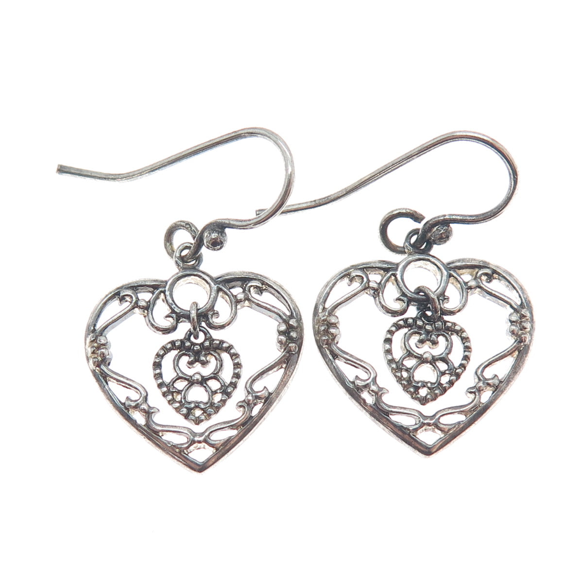 925 Sterling Silver Vintage Ornate Heart & Flower Dangle Earrings