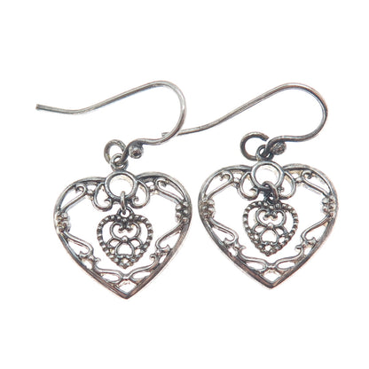 925 Sterling Silver Vintage Ornate Heart & Flower Dangle Earrings