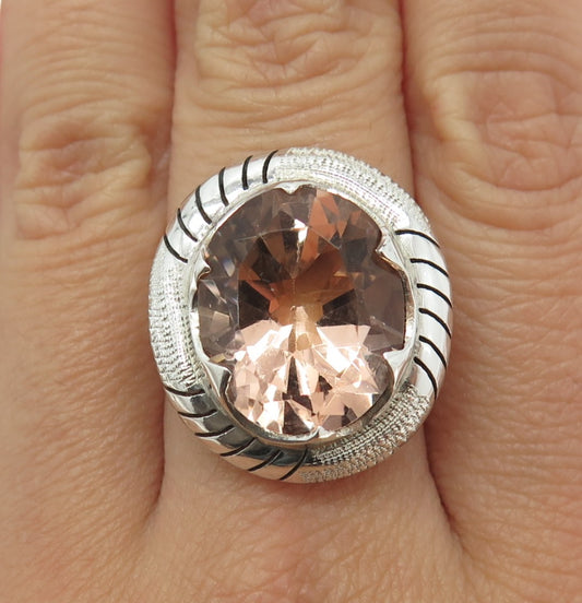 925 Sterling Silver Vintage Mexico Real Morganite Gemstone Ring Size 7.25