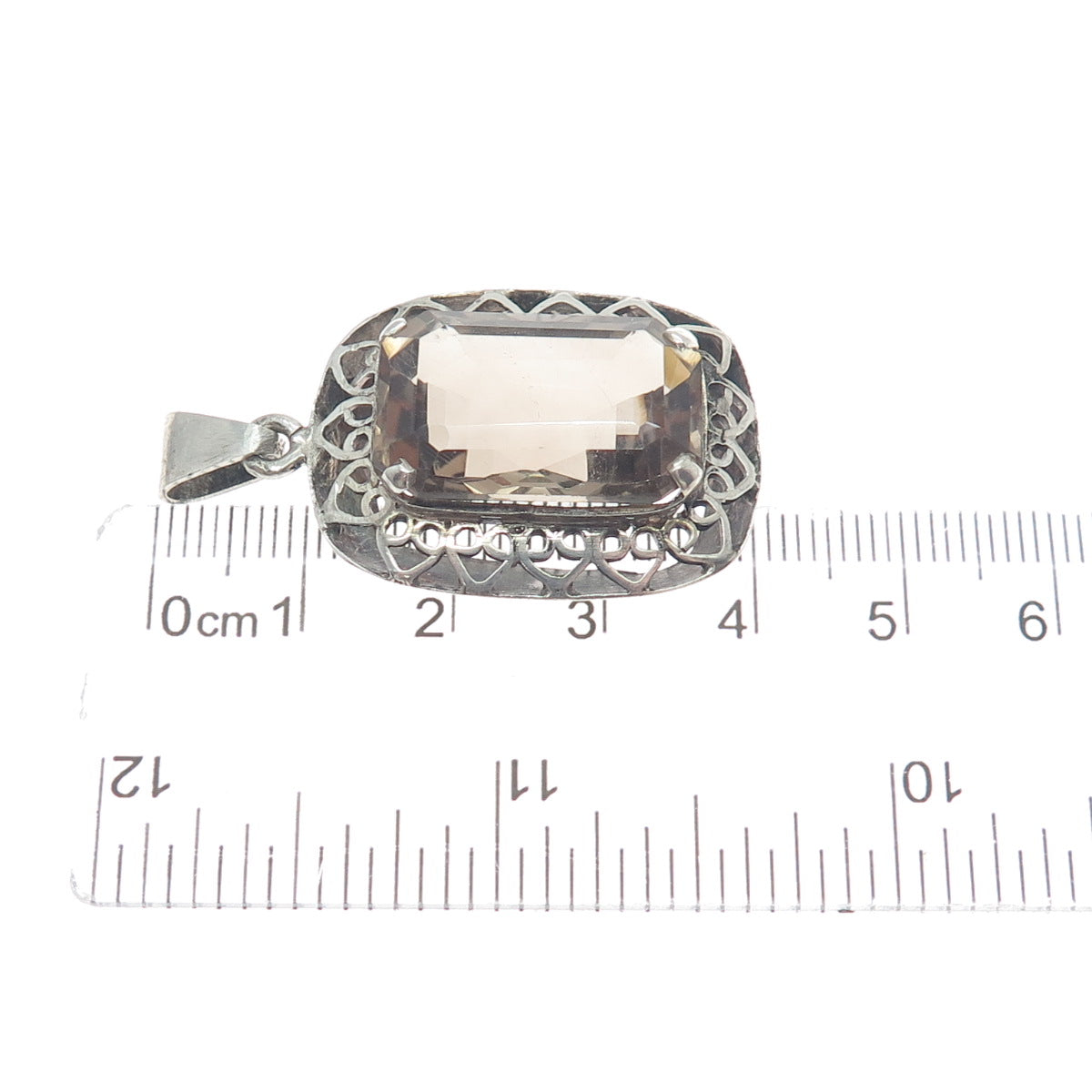 925 Sterling Silver Vintage Real Emerald-Cut Smoky Quartz Heart Link Pendant