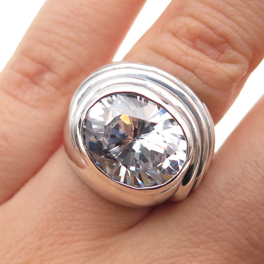 925 Sterling Silver Vintage Oval-Cut C Z Modernist Oxidized Ring Size 6