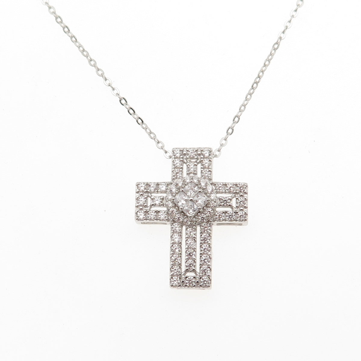 DBJ Dee Berkle 925 Sterling Silver C Z Cross Cable Chain Necklace 16-18"