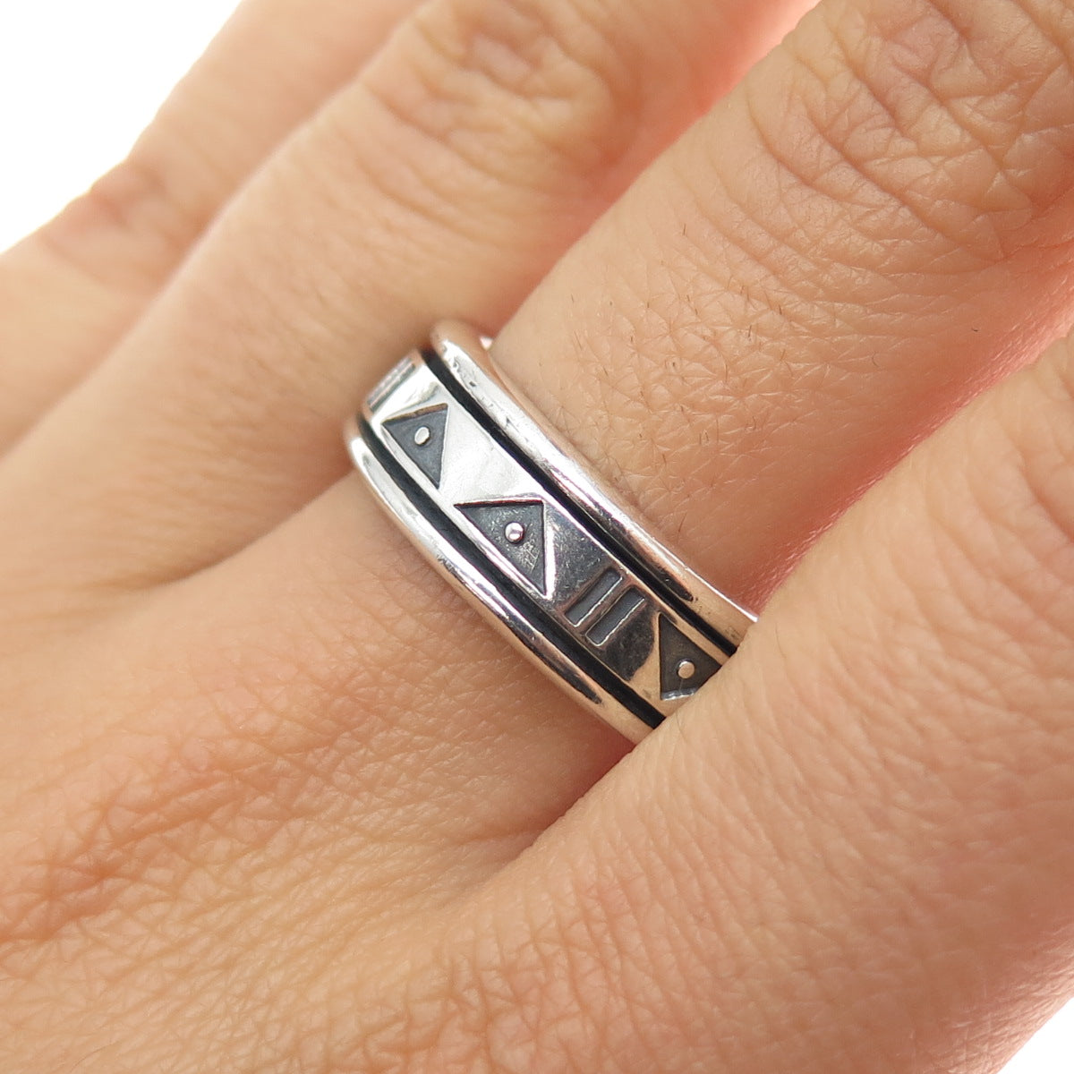 925 Sterling Silver Vintage Modernist Rotating Band Oxidized Ring Size 10.25