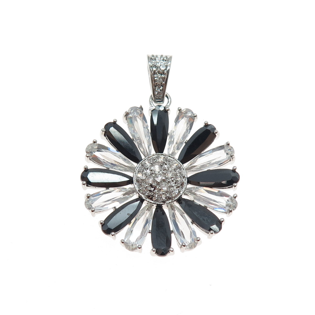 925 Sterling Silver Black & White C Z Daisy Flower Charm Pendant