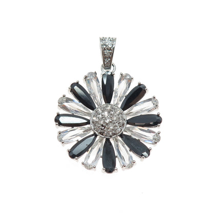 925 Sterling Silver Black & White C Z Daisy Flower Charm Pendant
