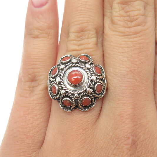 800 Silver Antique Art Deco Real Coral Ethnic Ring Size 4.5