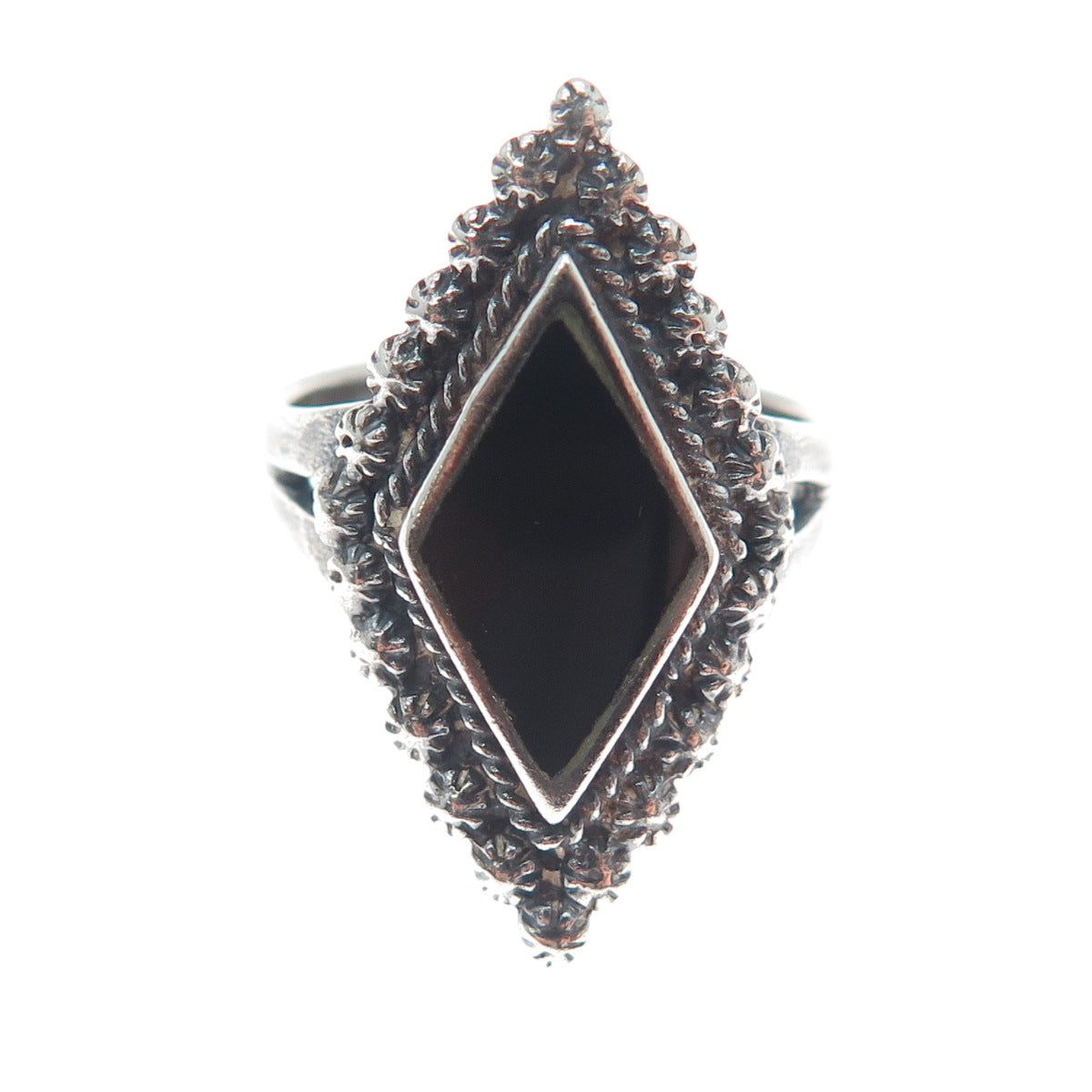 925 Sterling Silver Vintage Real Black Onyx Cannetille Oxidized Ring Size 6.25