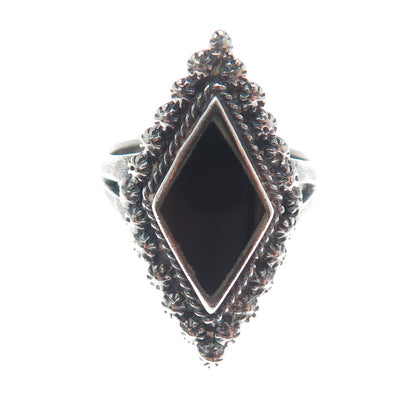 925 Sterling Silver Vintage Real Black Onyx Cannetille Oxidized Ring Size 6.25
