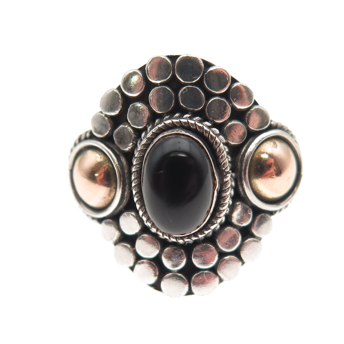 925 Sterling Silver 2-Tone Vintage Real Black Onyx Dotted Oxidized Ring Size 7