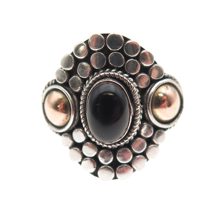 925 Sterling Silver 2-Tone Vintage Real Black Onyx Dotted Oxidized Ring Size 7