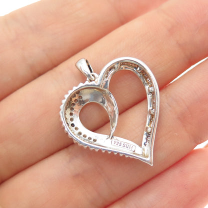 SUN 925 Sterling Silver Real Round & Tapered Baguette-Cut Diamond Heart Pendant