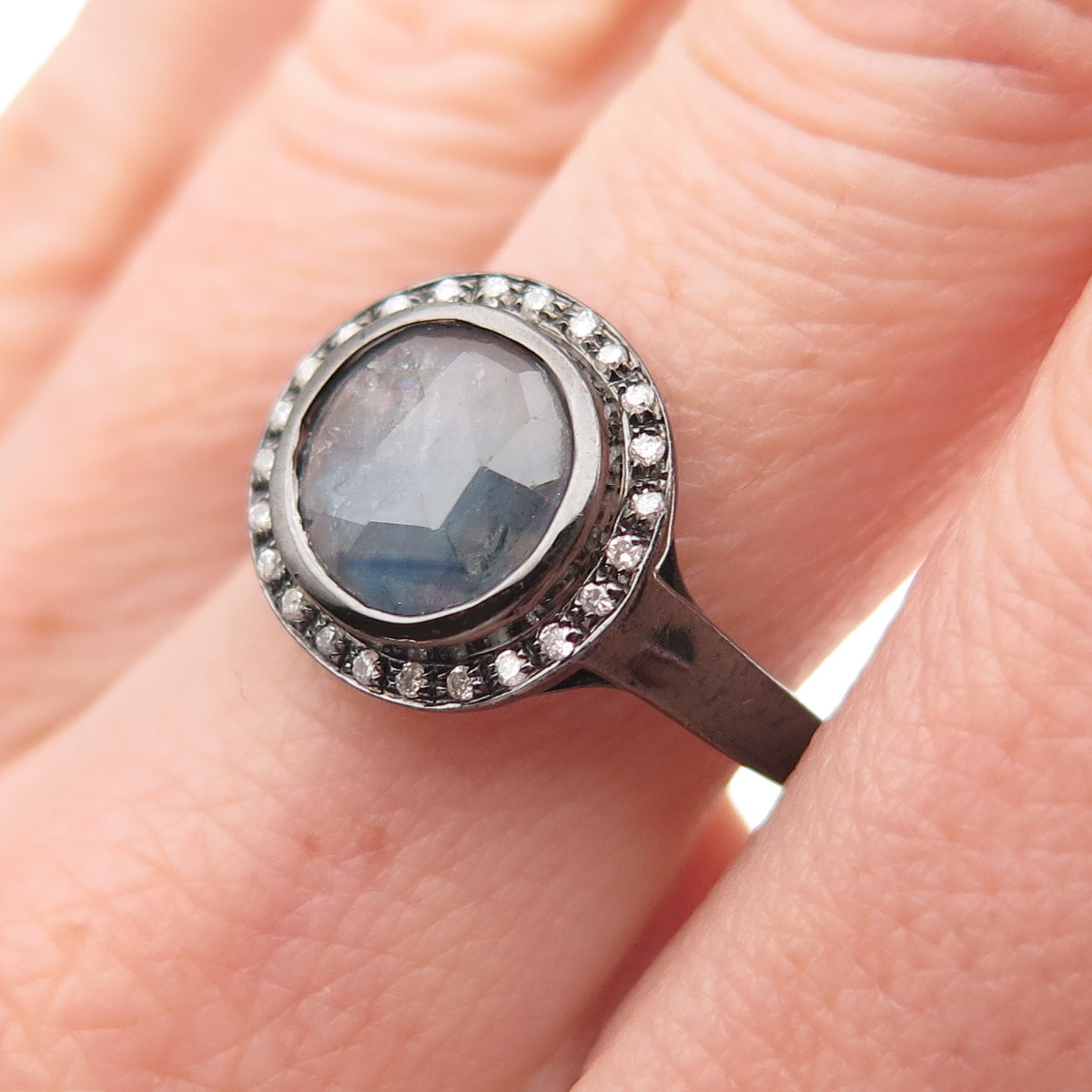 925 Sterling Silver Black Rhodium Real Round-Cut Diamond & Sapphire Ring Size 7