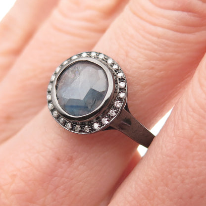 925 Sterling Silver Black Rhodium Real Round-Cut Diamond & Sapphire Ring Size 7
