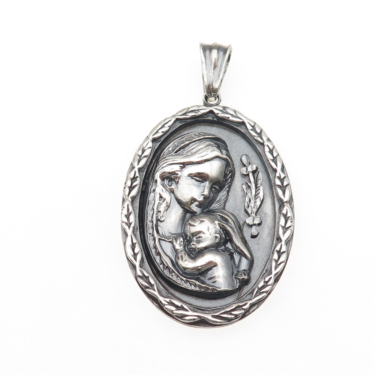 925 Sterling Silver Vintage St. Mary & Baby Jesus Oxidized Large Medal Pendant