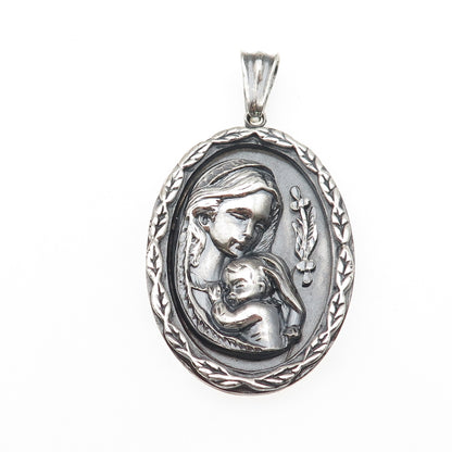 925 Sterling Silver Vintage St. Mary & Baby Jesus Oxidized Large Medal Pendant