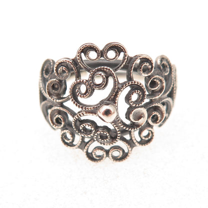 925 Sterling Silver Antique Art Deco Floral Filigree Adjustable Ring Size 5.75