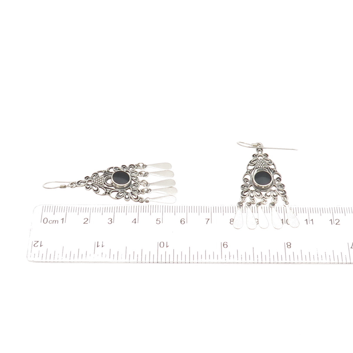 925 Sterling Silver Vintage Real Black Onyx Floral Oxidized Dangle Earrings