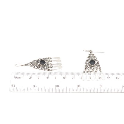 925 Sterling Silver Vintage Real Black Onyx Floral Oxidized Dangle Earrings