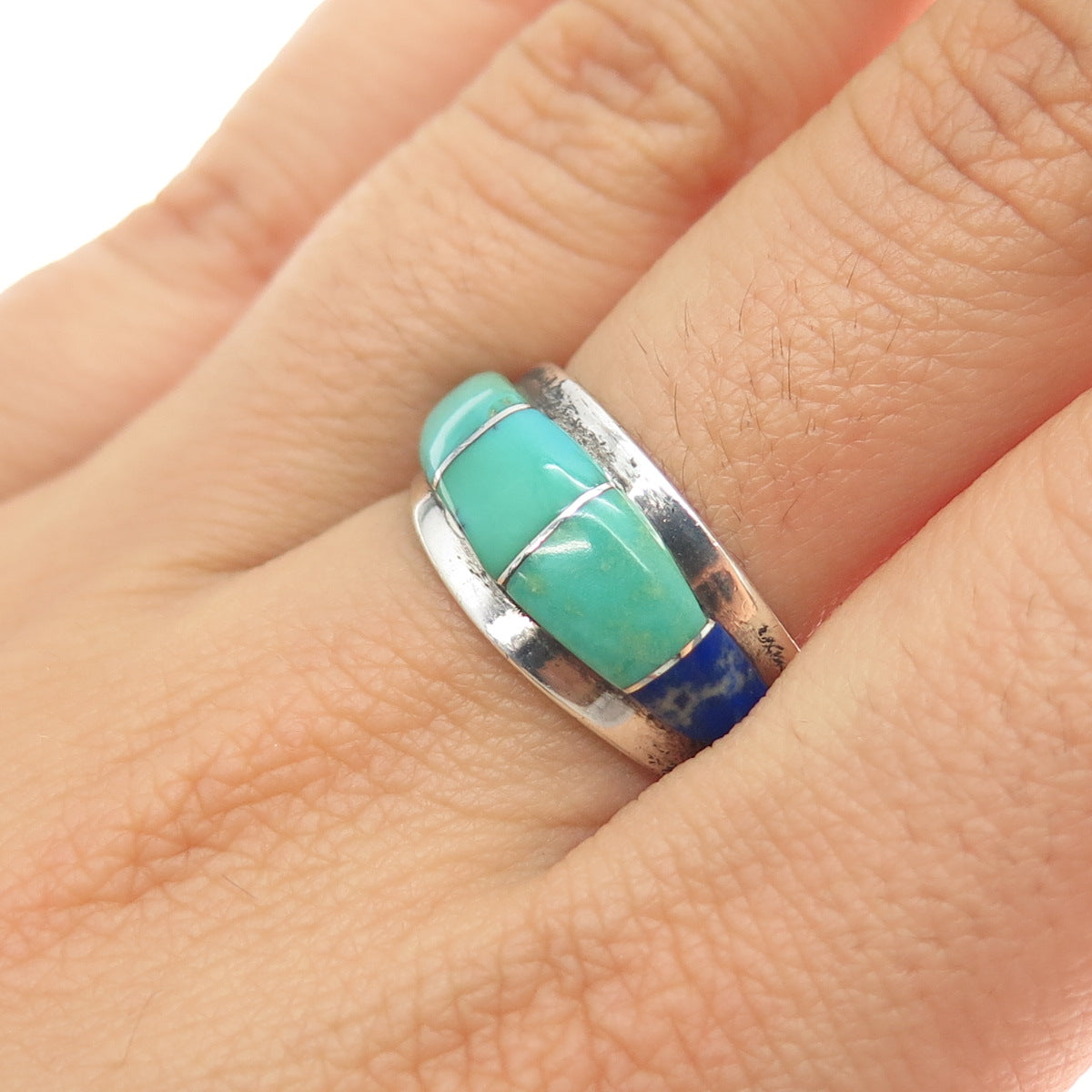 Old Pawn 925 Sterling Silver Vintage Turquoise & Lapis Tribal Ring Size 9.25