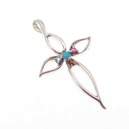925 Sterling Silver Vintage Real Turquoise Ruby Topaz Garnet Cross Charm Pendant