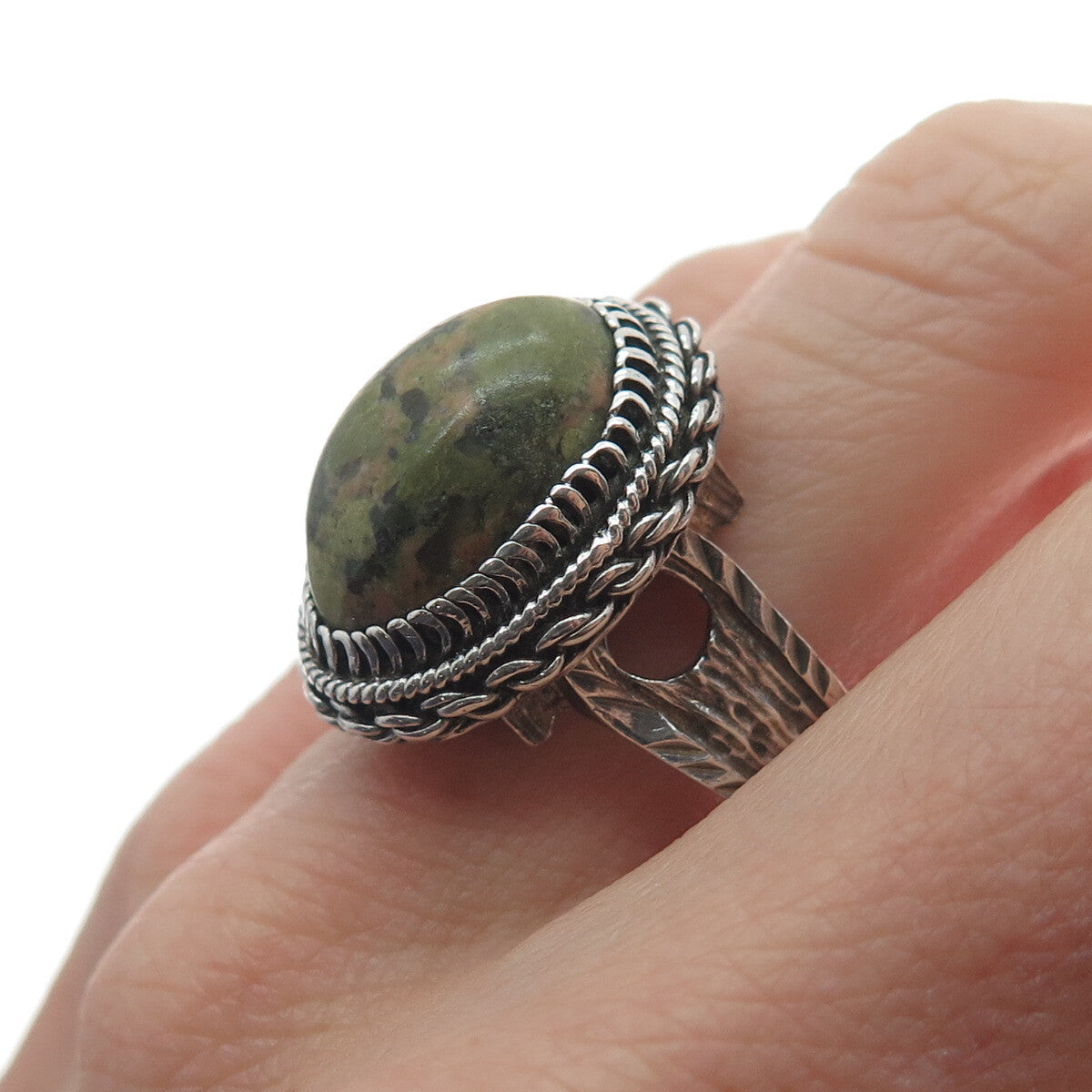 925 Sterling Silver Vintage Real Unakite Oxidized Ring Size 9.75