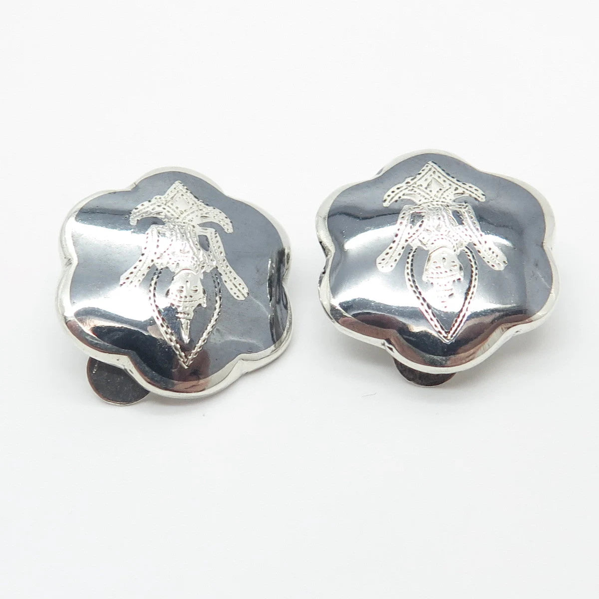 925 Sterling Silver Vintage Siam Enamel Niello Hindu Goddess Clip On Earrings