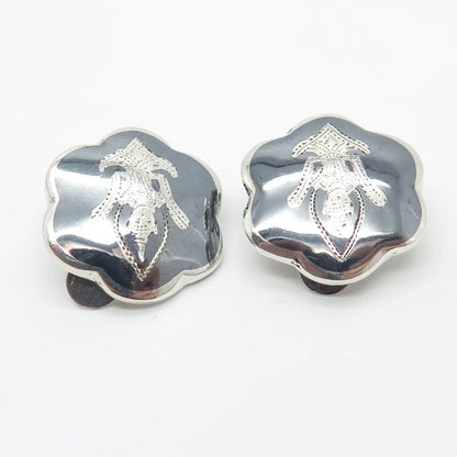 925 Sterling Silver Vintage Siam Enamel Niello Hindu Goddess Clip On Earrings