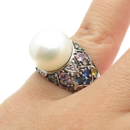 925 Sterling Silver Real Diamond Multi-Color Sapphire & Pearl Ring Size 6