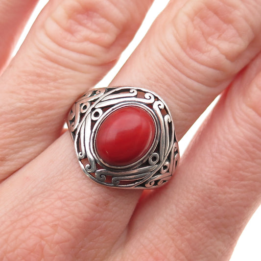 Michal Golan Sterling Silver Vintage Real Coral Floral Oxidized Ring Size 7.25