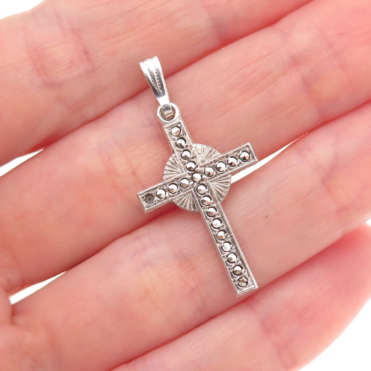 925 Sterling Antique Art Deco Real Marcasite Cross Pendant (missing 1 stone)