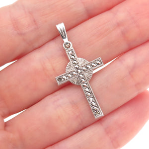 925 Sterling Antique Art Deco Real Marcasite Cross Pendant (missing 1 stone)